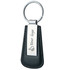 A keyring featuring a black leather holder and a metallic tag, with a logo on the tag. A keyring featuring a black leather holder and a metallic tag, with a logo on the tag.