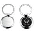 A keyring featuring a polished silver design with a circular shape and a logo area on one side.