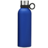 A drink bottle in a vibrant blue colour with a stainless steel lid and a black silicone handle.