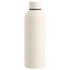 A drink bottle in a sleek cream colour with a smooth finish and a removable cap, featuring a logo.