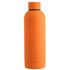 A drink bottle in a vibrant orange colour with a smooth matte finish and a fitted cap, featuring a logo.