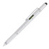 A silver metal pen with a ruler and spirit level, featuring a textured grip and a stylus tip. A silver metal pen with a ruler and spirit level, featuring a textured grip and a stylus tip.