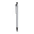 A metal pen in white with a black tip and clip, featuring a logo. A metal pen in white with a black tip and clip, featuring a logo.