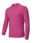 A long-sleeved, pink rashie featuring a round neckline and a fitted silhouette. It has a logo on the label.