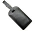 A black luggage tag with a smooth texture and a strap for attachment. It features a silver clip.