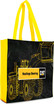 A black tote bag featuring a yellow design of heavy machinery, with yellow handles and a branded logo. A black tote bag featuring a yellow design of heavy machinery, with yellow handles and a branded logo.