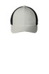 A white cap with a black mesh back and a curved brim, featuring a logo on the front.