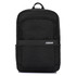 A black backpack featuring a front pocket and a branded logo, designed with a sleek, modern style.