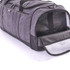 A grey duffle bag with a zippered opening, featuring a spacious interior and a sturdy base. It has a logo.