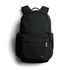 A black daypack with adjustable straps and a front pocket, featuring a branding logo. A black daypack with adjustable straps and a front pocket, featuring a branding logo.