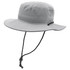 A grey bucket hat featuring a wide brim and an adjustable drawstring. It has a logo on the side.