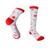 A pair of white compression socks with red accents, featuring playful patterns of hearts, band-aids, and medical symbols.