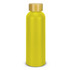 A drink bottle in bright yellow with a wooden lid, featuring a logo on the side.