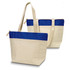 A beige cotton tote bag with a blue panel at the top, featuring long handles and a zip closure. Branding visible.