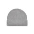 A grey beanie with a ribbed design and fold-over cuff, featuring a logo.