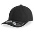 A black cap with a mid visor, featuring a logo and a smooth texture.