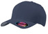 A navy blue Flexfit cap featuring a curved brim and a logo on the front.