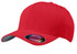 A red Flexfit cap featuring a curved brim and a branded label on the side.