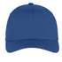 A blue Port Authority Flexfit cap with a solid design and a logo on the front.