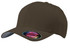 A brown Flexfit cap featuring a curved peak and a logo on the front.
