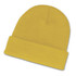 A yellow beanie featuring a classic fold-over design, ideal for cold weather.