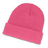 A pink beanie with a comfortable knit design, featuring a folded cuff.