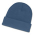 A blue beanie featuring a folded cuff design, perfect for providing warmth.