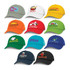 A collection of trucker caps in various colours, featuring different logos and designs on the front panels.