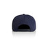 A navy blue cap featuring a snapback closure and a logo on the rear.