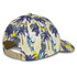 A cap featuring a palm tree and surfboard pattern in shades of yellow, purple, and cream, with an adjustable strap.