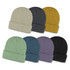 A collection of Galway Waffle Beanies in cream, grey, mustard, mint green, blue, purple, and black, featuring a branded logo.