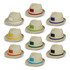 A collection of beige fedora hats with various coloured bands, including green, blue, orange, and yellow, displayed in rows.