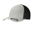 A grey Flexfit cap with a black mesh back and a structured front, featuring a logo on the side.