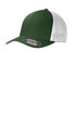 A green cap with a white mesh back, featuring a logo on the front. 