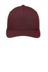 A maroon Port Authority Flexfit Cotton Twill Cap with a structured design and an adjustable fit, featuring a logo.