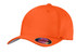 An orange Flexfit cotton twill cap with a curved brim and a logo on the side.