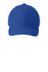 A blue cap with a structured fit and a logo on the front, featuring a curved brim and ventilation holes.