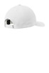 A white cap with a curved brim and adjustable strap at the back, featuring a logo.
