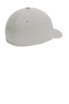 A grey Flexfit Delta cap featuring a rounded design and a visor. It has a logo on it.