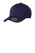 A navy blue cap with a rounded crown and a curved brim, featuring a logo on the side.