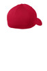 A red cap with a structured shape and a curved brim, featuring an adjustable back.
