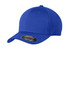 A blue Sport-Tek Flexfit Cool & Dry Poly Block Mesh Cap featuring a logo on the side.
