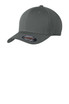 A grey Sport-Tek Flexfit Cool & Dry Poly Block Mesh Cap with a fitted design and a logo on the front.