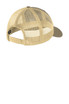 A beige retro trucker cap featuring a mesh back and an adjustable snap closure. It has a logo on the side.