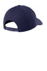 A navy blue snapback cap with a curved bill and an adjustable strap at the back. Features a logo.
