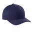A navy blue snapback cap featuring a curved bill and a logo on the front.