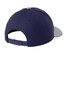 A navy blue snapback cap featuring a grey curved bill and an adjustable strap at the back, with a logo on the side.