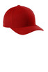A red snapback cap with a curved bill and a logo on the front.