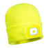 A bright yellow beanie featuring a built-in LED light, with a small logo on the side.