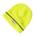 A lime green beanie with a reflective stripe and a logo, perfect for visibility and warmth.